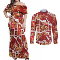 Hawaii Japanese Culture Red Couples Matching Off Shoulder Maxi Dress and Long Sleeve Button Shirt Spring Cranes Aloha Pattern LT01 Red - Polynesian Pride