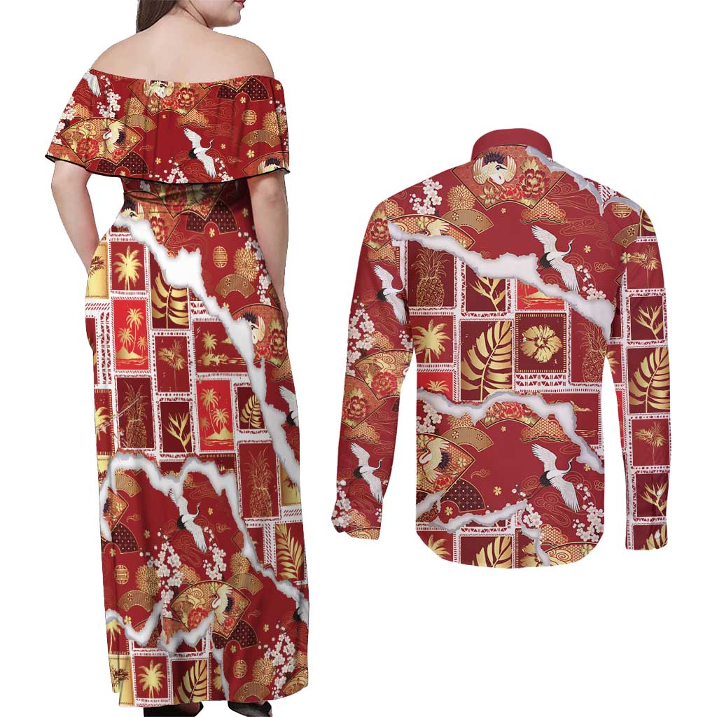 Hawaii Japanese Culture Red Couples Matching Off Shoulder Maxi Dress and Long Sleeve Button Shirt Spring Cranes Aloha Pattern LT01 - Polynesian Pride