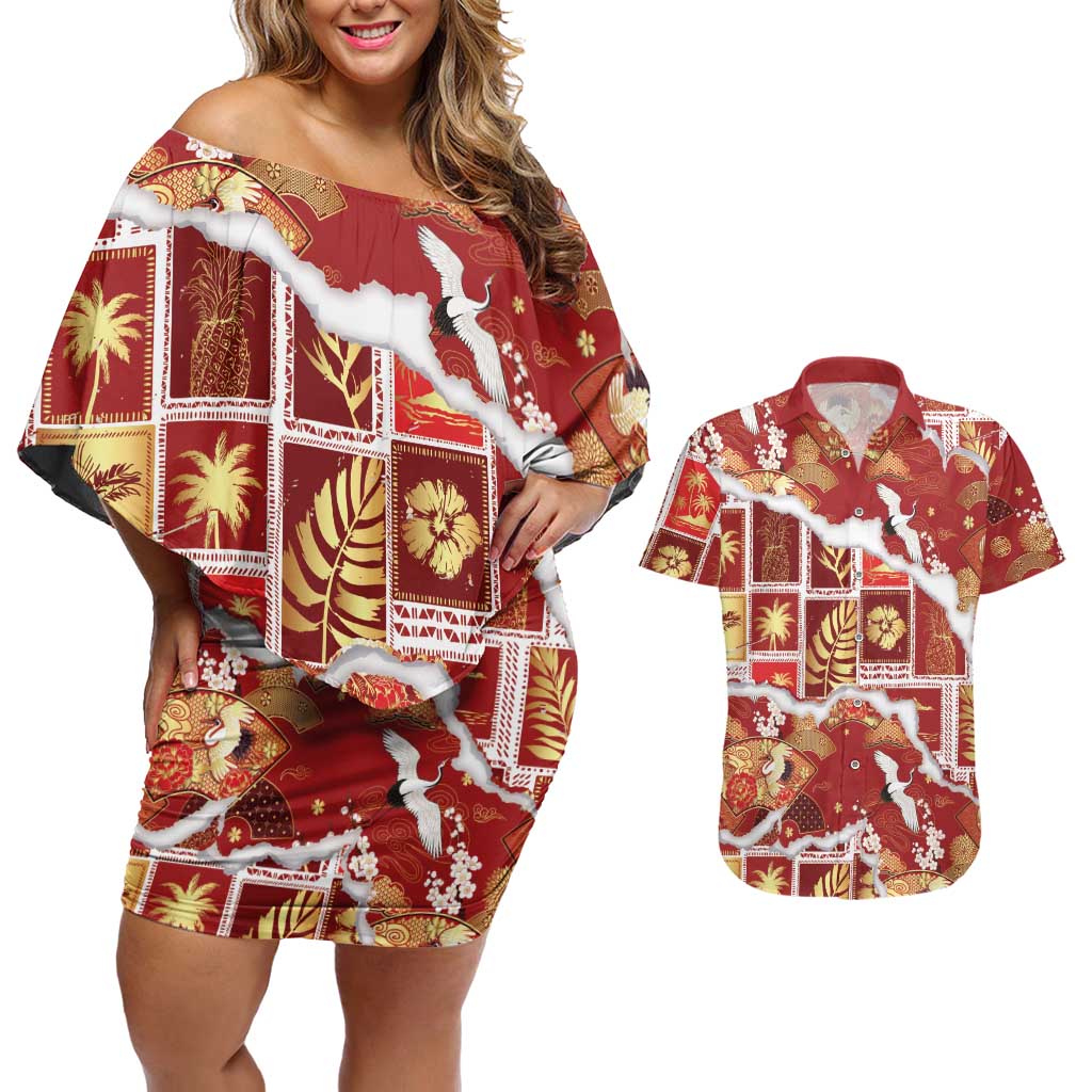 Hawaii Japanese Culture Red Couples Matching Off Shoulder Short Dress and Hawaiian Shirt Spring Cranes Aloha Pattern LT01 Red - Polynesian Pride