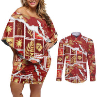 Hawaii Japanese Culture Red Couples Matching Off Shoulder Short Dress and Long Sleeve Button Shirt Spring Cranes Aloha Pattern LT01 Red - Polynesian Pride