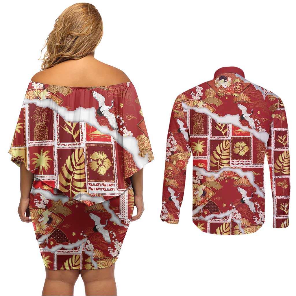 Hawaii Japanese Culture Red Couples Matching Off Shoulder Short Dress and Long Sleeve Button Shirt Spring Cranes Aloha Pattern LT01 - Polynesian Pride