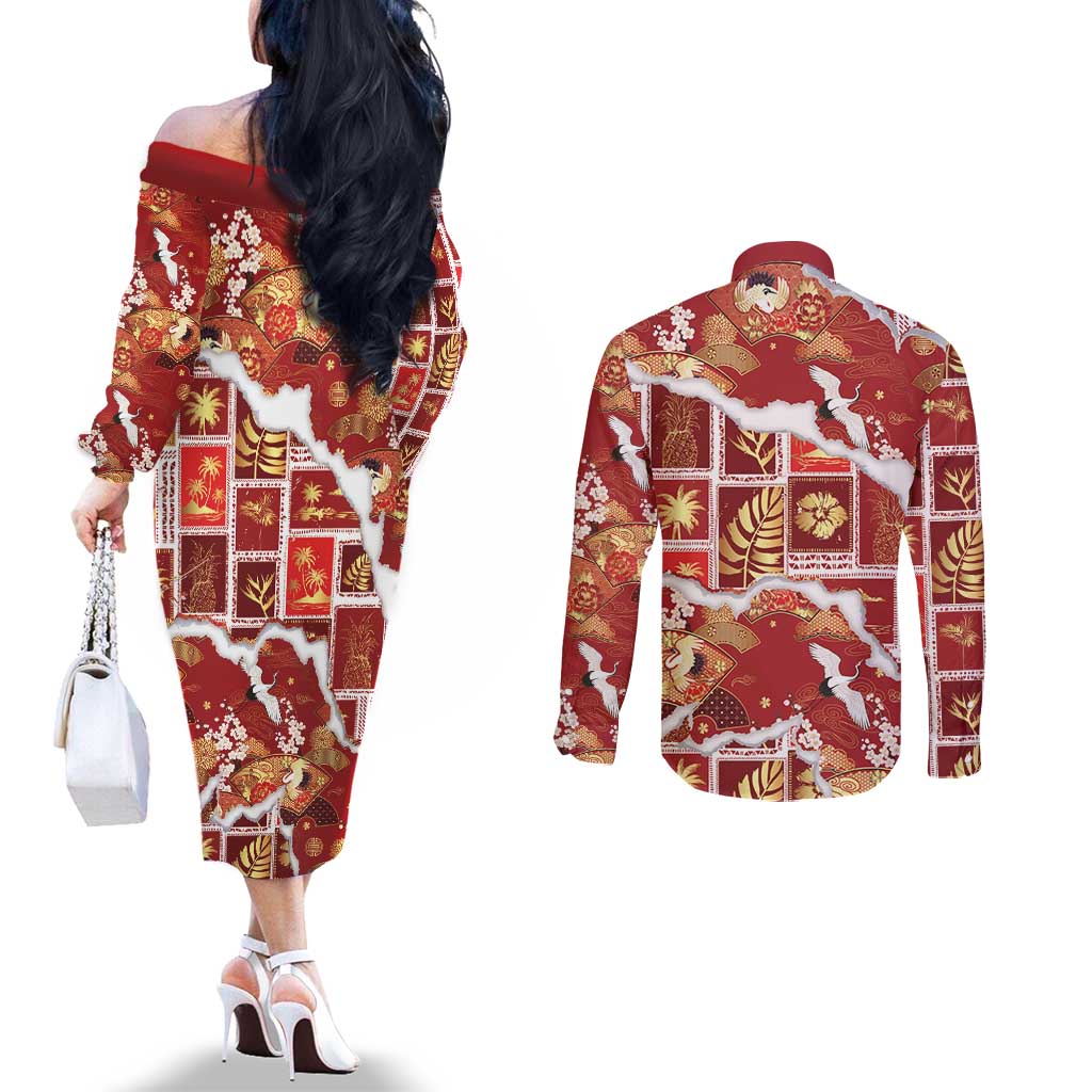 Hawaii Japanese Culture Red Couples Matching Off The Shoulder Long Sleeve Dress and Long Sleeve Button Shirt Spring Cranes Aloha Pattern