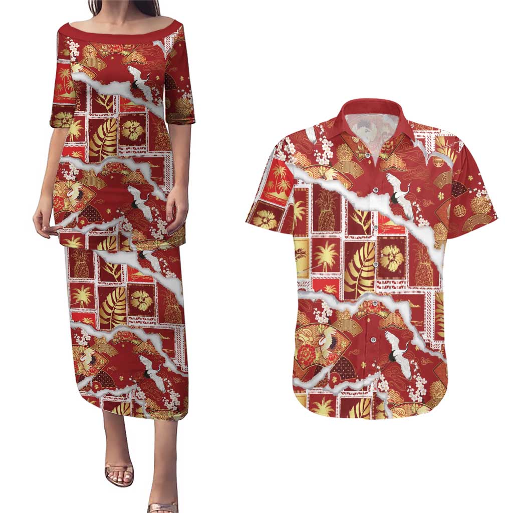 Hawaii Japanese Culture Red Couples Matching Puletasi and Hawaiian Shirt Spring Cranes Aloha Pattern LT01 Red - Polynesian Pride