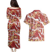 Hawaii Japanese Culture Red Couples Matching Puletasi and Hawaiian Shirt Spring Cranes Aloha Pattern