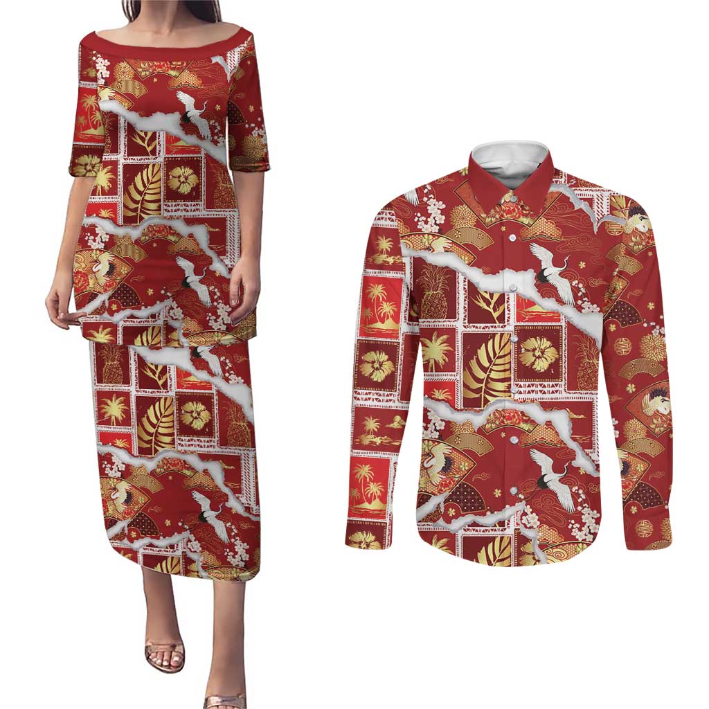 Hawaii Japanese Culture Red Couples Matching Puletasi and Long Sleeve Button Shirt Spring Cranes Aloha Pattern LT01 Red - Polynesian Pride