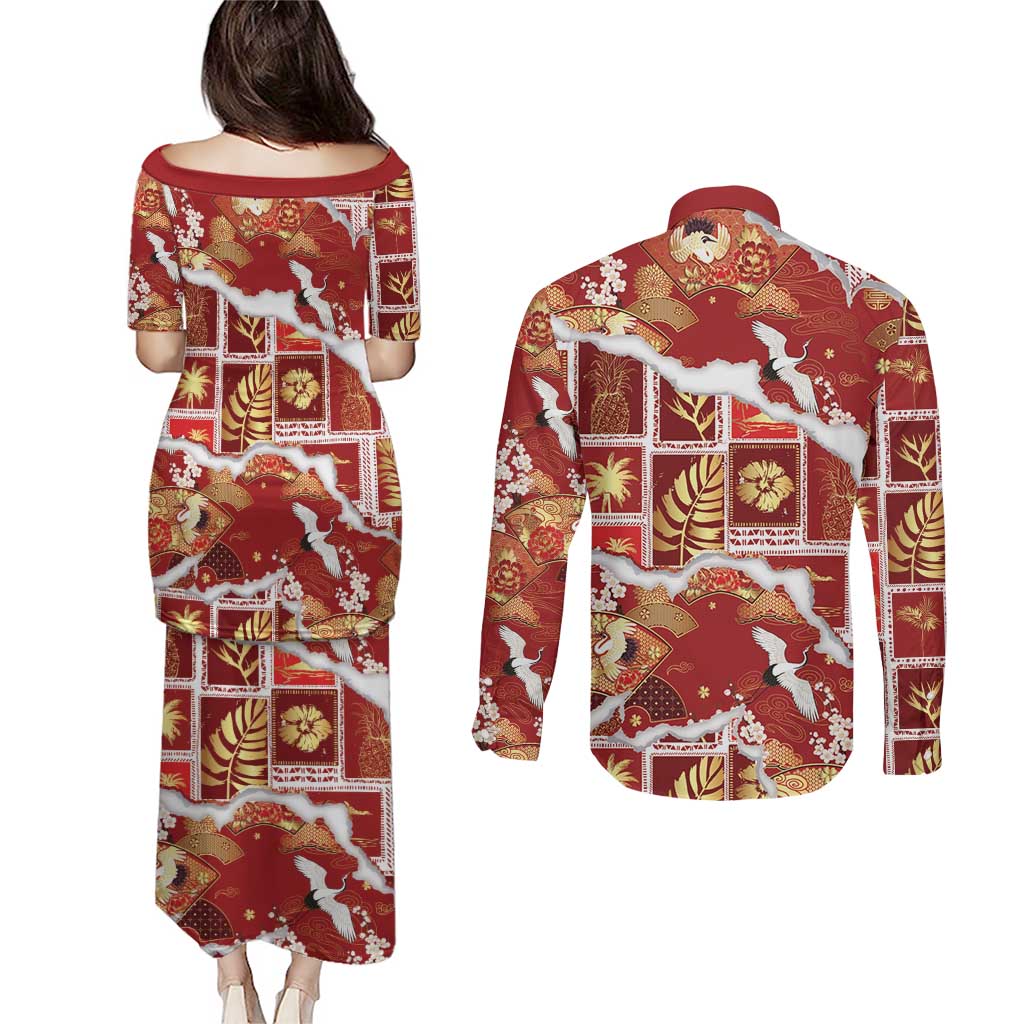 Hawaii Japanese Culture Red Couples Matching Puletasi and Long Sleeve Button Shirt Spring Cranes Aloha Pattern LT01 - Polynesian Pride