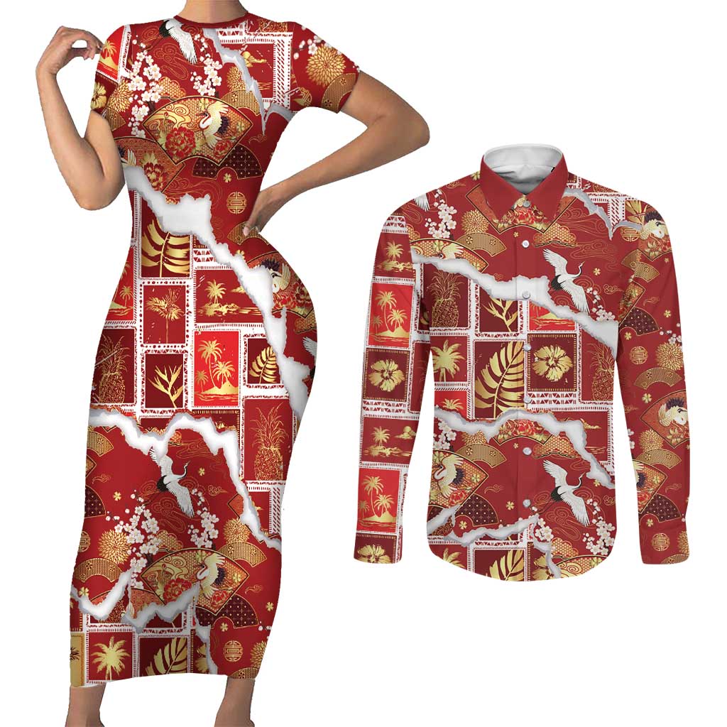 Hawaii Japanese Culture Red Couples Matching Short Sleeve Bodycon Dress and Long Sleeve Button Shirt Spring Cranes Aloha Pattern LT01 Red - Polynesian Pride