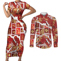 Hawaii Japanese Culture Red Couples Matching Short Sleeve Bodycon Dress and Long Sleeve Button Shirt Spring Cranes Aloha Pattern LT01 Red - Polynesian Pride