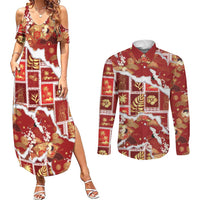 Hawaii Japanese Culture Red Couples Matching Summer Maxi Dress and Long Sleeve Button Shirt Spring Cranes Aloha Pattern