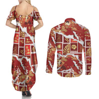 Hawaii Japanese Culture Red Couples Matching Summer Maxi Dress and Long Sleeve Button Shirt Spring Cranes Aloha Pattern