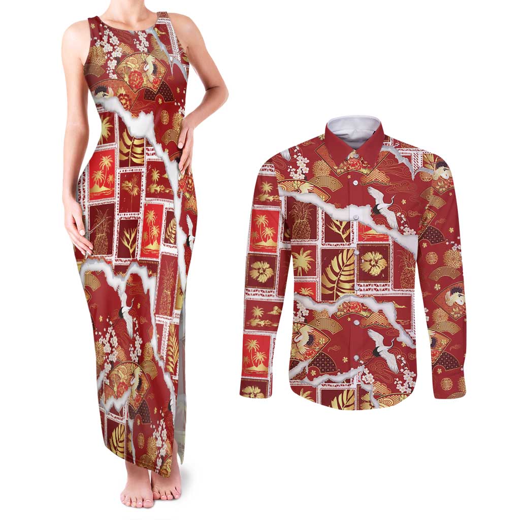 Hawaii Japanese Culture Red Couples Matching Tank Maxi Dress and Long Sleeve Button Shirt Spring Cranes Aloha Pattern LT01 Red - Polynesian Pride
