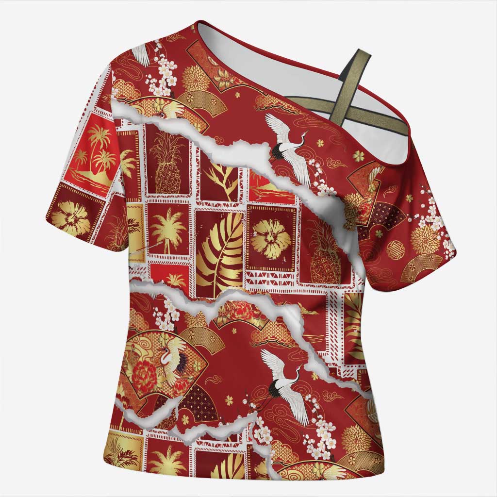 Hawaii Japanese Culture Red Cross Shoulder Shirt Spring Cranes Aloha Pattern LT01 Female Red - Polynesian Pride