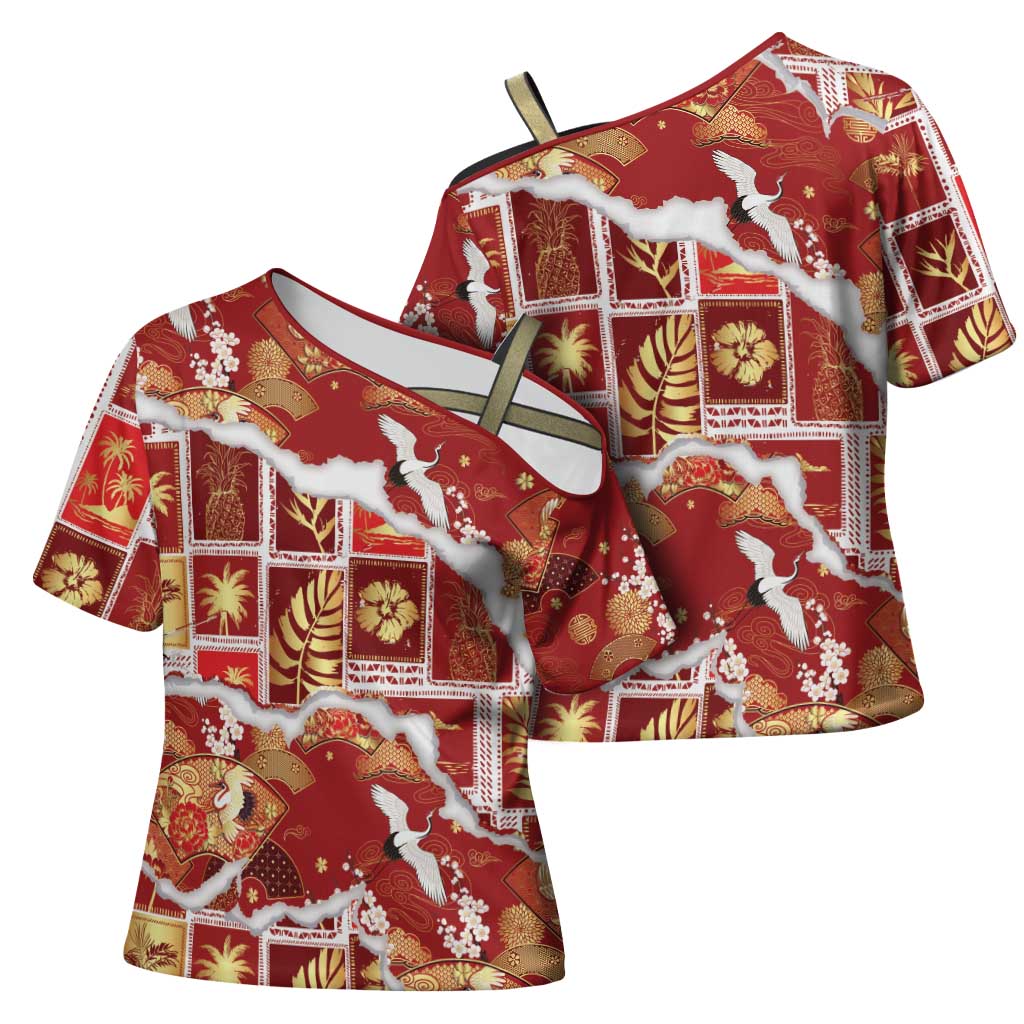 Hawaii Japanese Culture Red Cross Shoulder Shirt Spring Cranes Aloha Pattern LT01 - Polynesian Pride