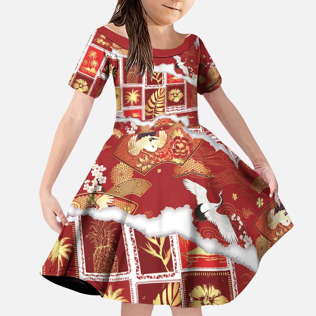 Hawaii Japanese Culture Red Family Matching Mermaid Dress and Hawaiian Shirt Spring Cranes Aloha Pattern