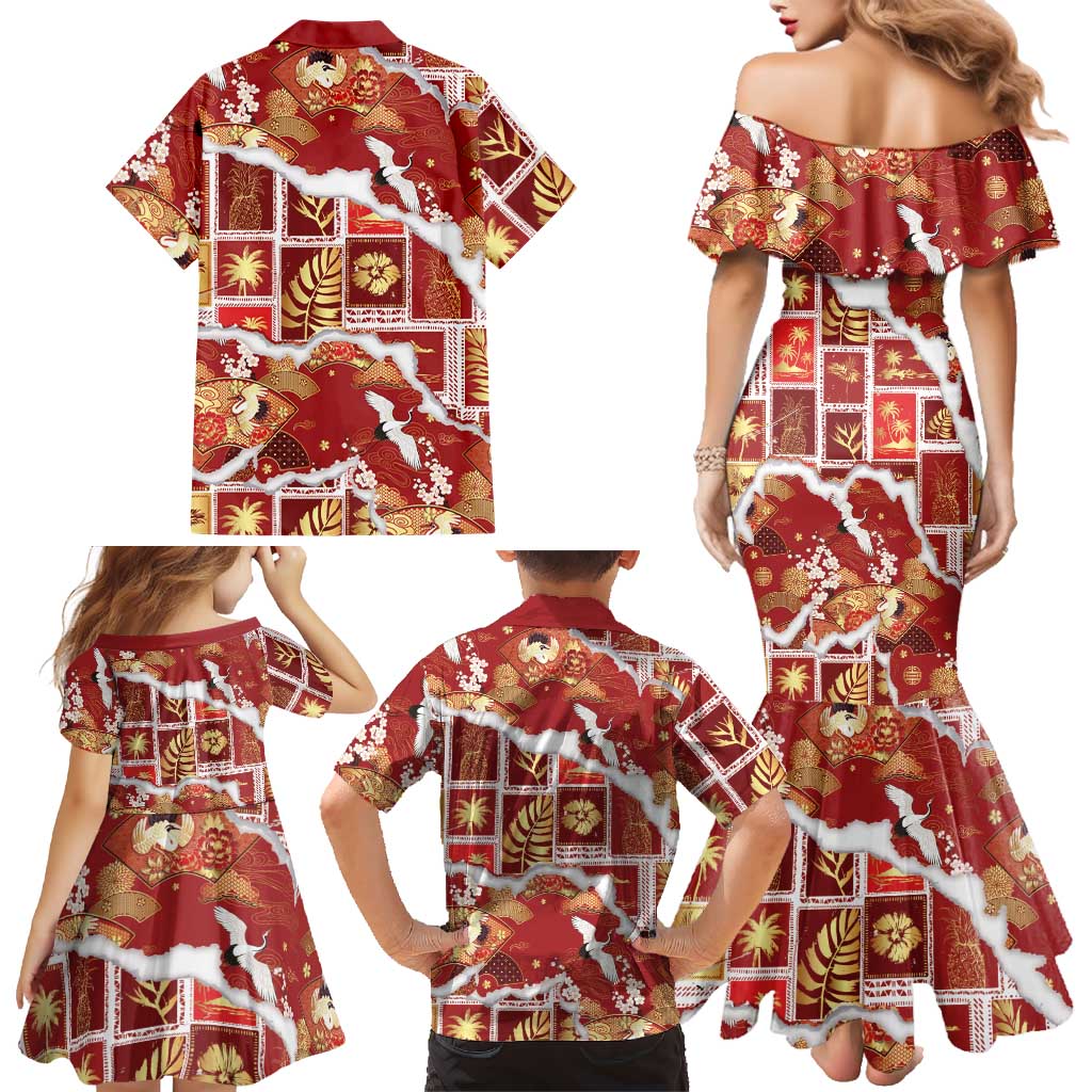 Hawaii Japanese Culture Red Family Matching Mermaid Dress and Hawaiian Shirt Spring Cranes Aloha Pattern