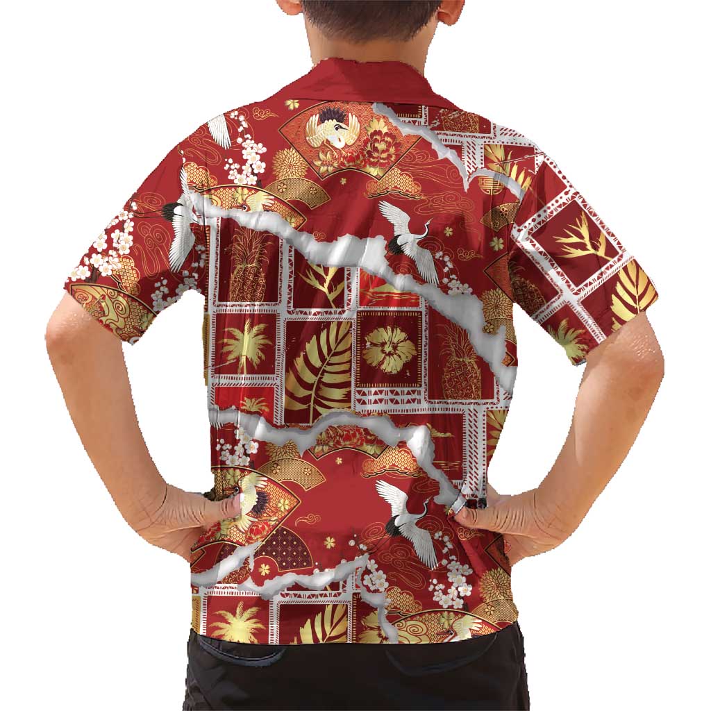 Hawaii Japanese Culture Red Family Matching Off The Shoulder Long Sleeve Dress and Hawaiian Shirt Spring Cranes Aloha Pattern