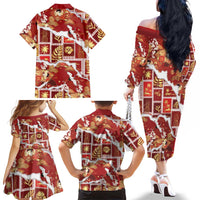 Hawaii Japanese Culture Red Family Matching Off The Shoulder Long Sleeve Dress and Hawaiian Shirt Spring Cranes Aloha Pattern