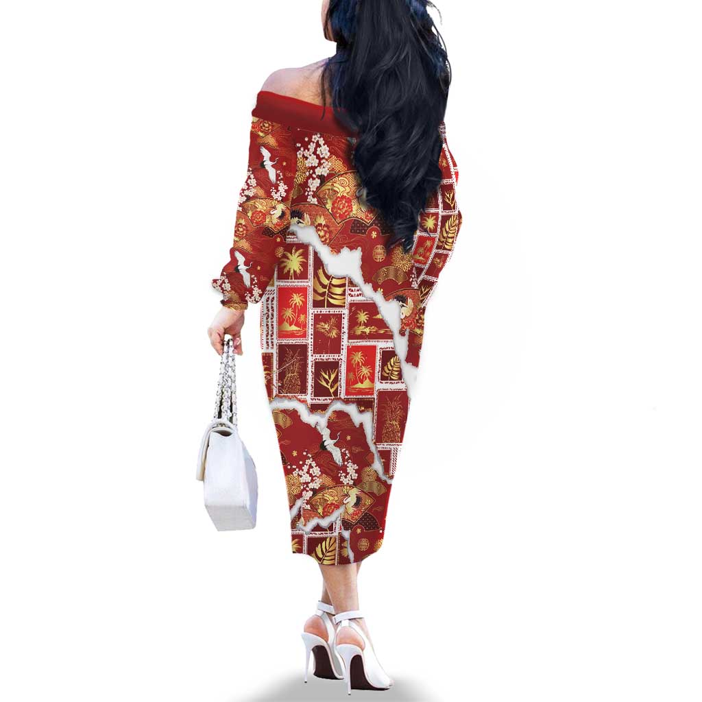 Hawaii Japanese Culture Red Family Matching Off The Shoulder Long Sleeve Dress and Hawaiian Shirt Spring Cranes Aloha Pattern