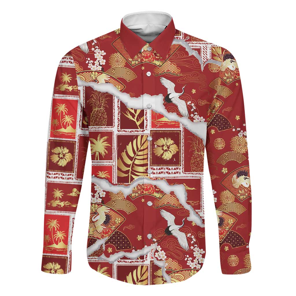 Hawaii Japanese Culture Red Family Matching Off Shoulder Short Dress and Hawaiian Shirt Spring Cranes Aloha Pattern
