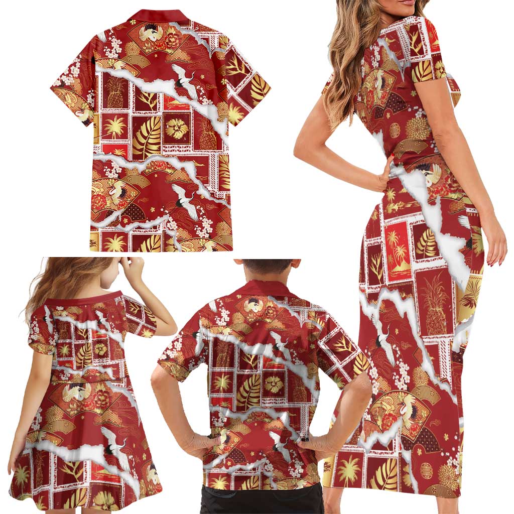 Hawaii Japanese Culture Red Family Matching Short Sleeve Bodycon Dress and Hawaiian Shirt Spring Cranes Aloha Pattern