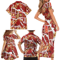 Hawaii Japanese Culture Red Family Matching Short Sleeve Bodycon Dress and Hawaiian Shirt Spring Cranes Aloha Pattern