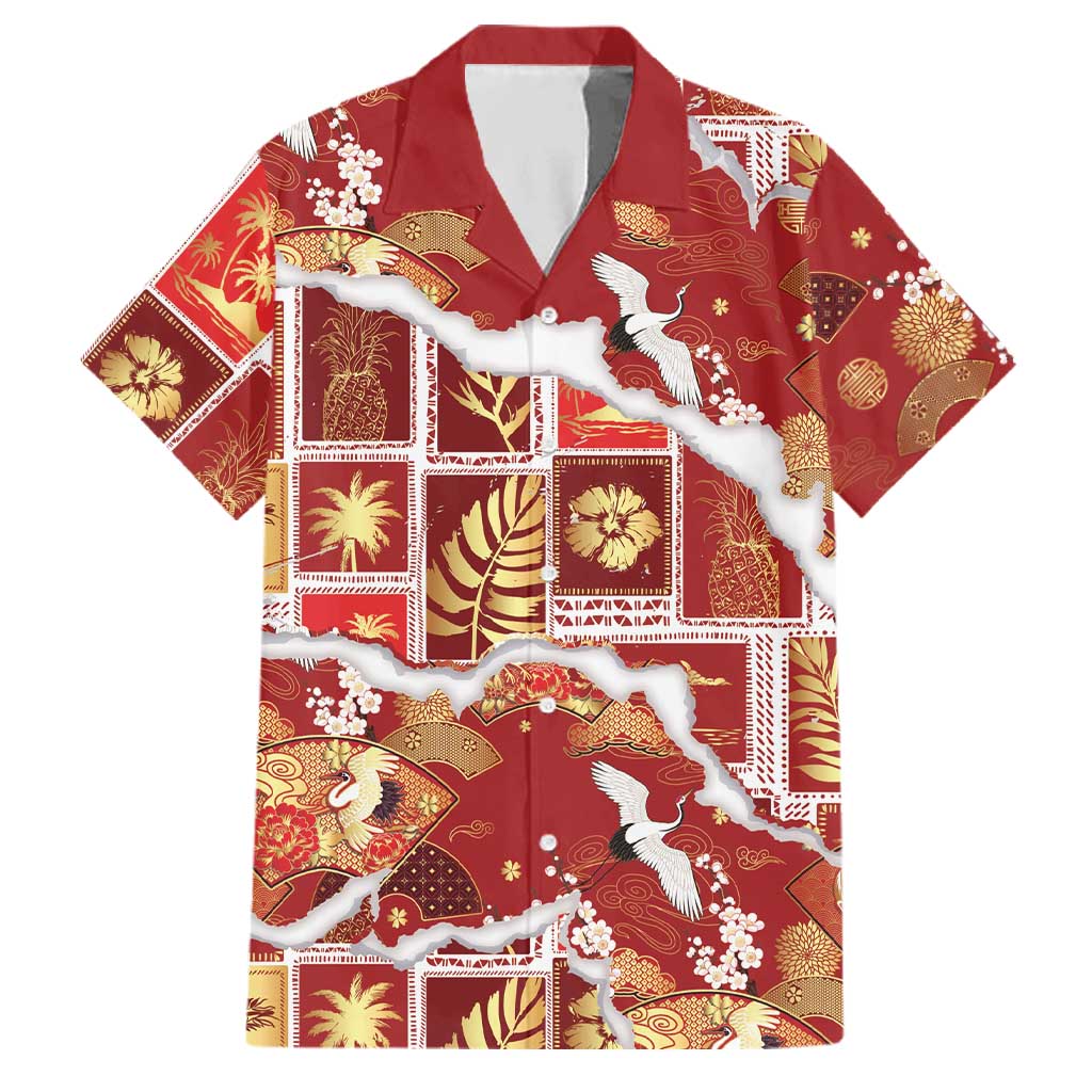 Hawaii Japanese Culture Red Family Matching Short Sleeve Bodycon Dress and Hawaiian Shirt Spring Cranes Aloha Pattern