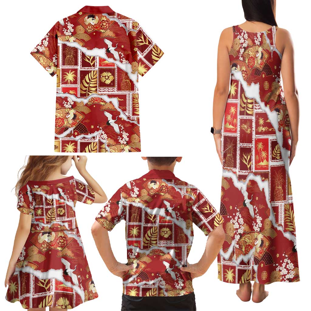 Hawaii Japanese Culture Red Family Matching Tank Maxi Dress and Hawaiian Shirt Spring Cranes Aloha Pattern