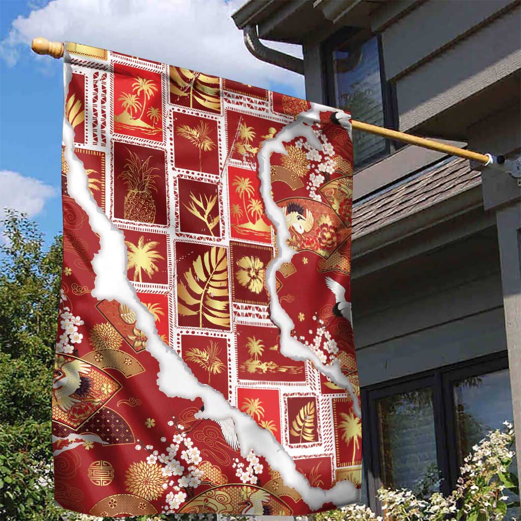Hawaii Japanese Culture Red Garden Flag Spring Cranes Aloha Pattern