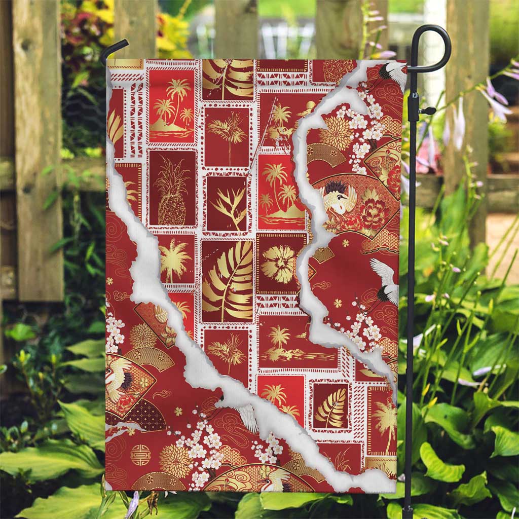 Hawaii Japanese Culture Red Garden Flag Spring Cranes Aloha Pattern