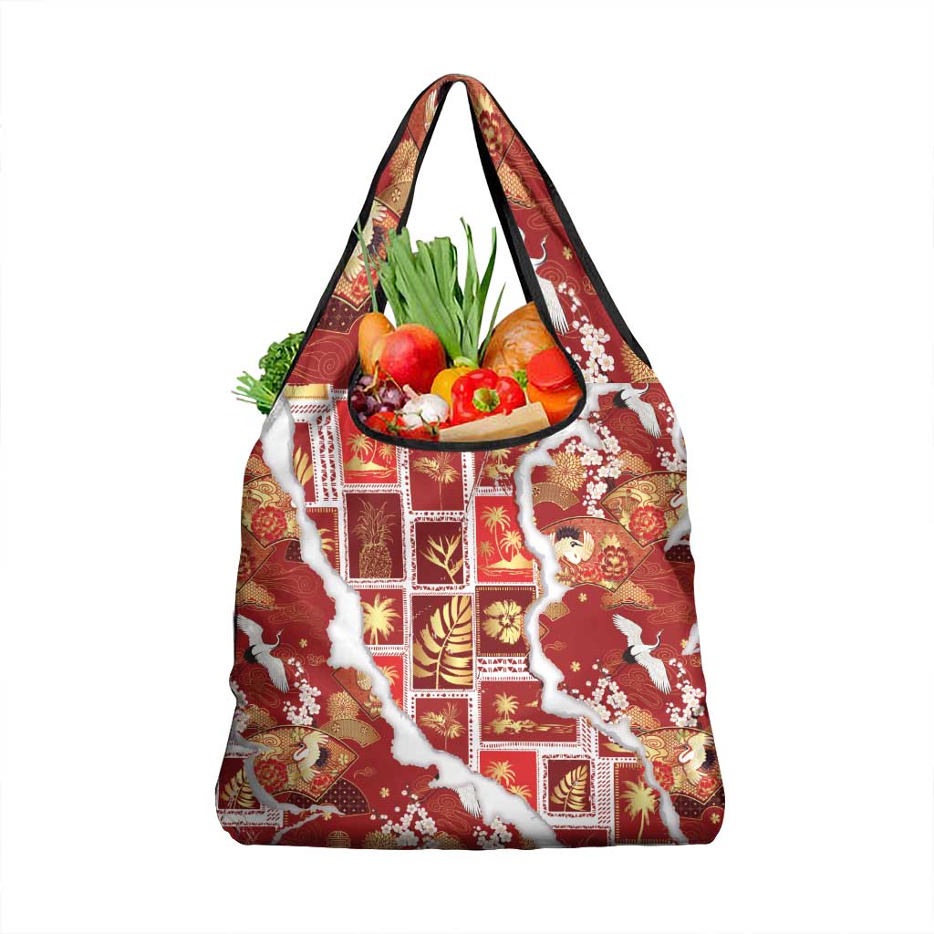 Hawaii Japanese Culture Red Grocery Bag Spring Cranes Aloha Pattern LT01 1-pack One Size Red - Polynesian Pride