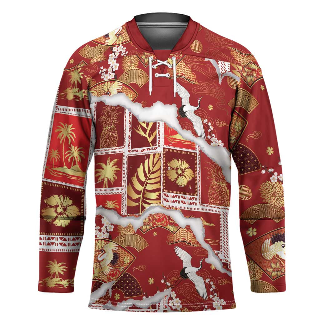 Hawaii Japanese Culture Red Hockey Jersey Spring Cranes Aloha Pattern LT01 Unisex Red - Polynesian Pride
