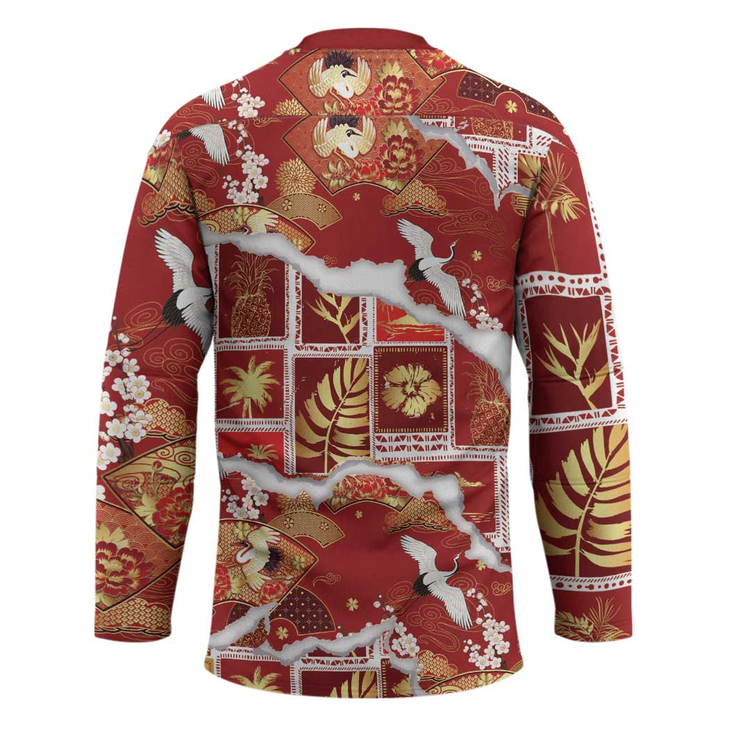 Hawaii Japanese Culture Red Hockey Jersey Spring Cranes Aloha Pattern LT01 - Polynesian Pride