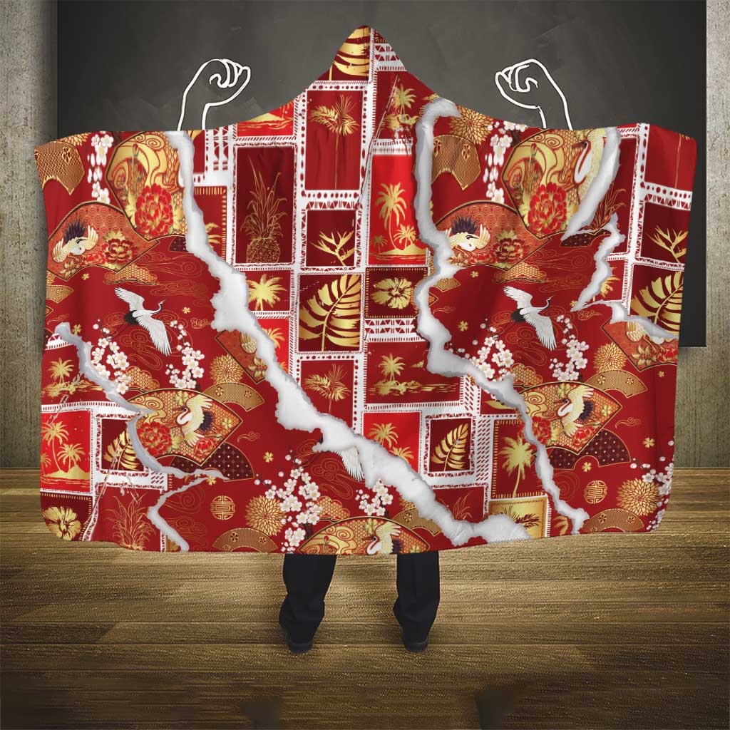 Hawaii Japanese Culture Red Hooded Blanket Spring Cranes Aloha Pattern