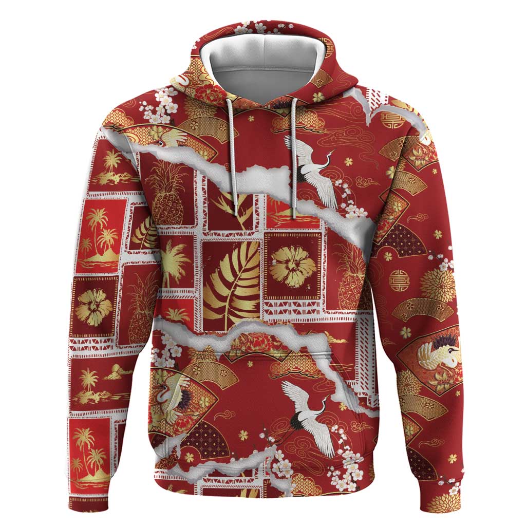 Hawaii Japanese Culture Red Hoodie Spring Cranes Aloha Pattern LT01 Pullover Hoodie Red - Polynesian Pride