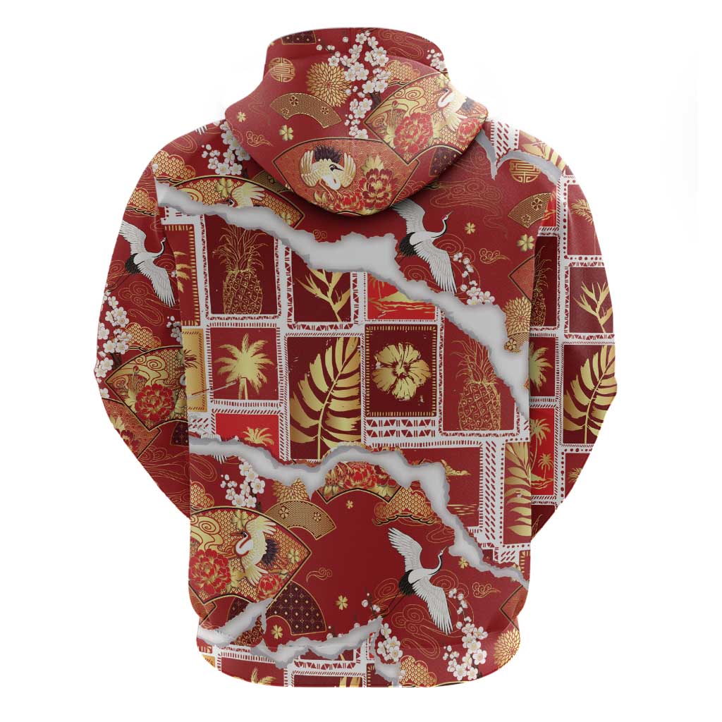 Hawaii Japanese Culture Red Hoodie Spring Cranes Aloha Pattern LT01 - Polynesian Pride