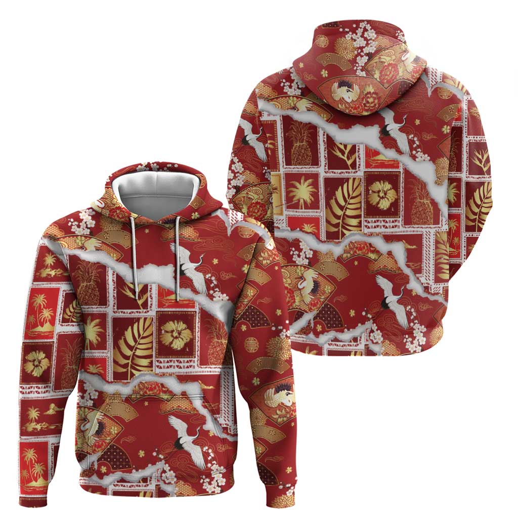 Hawaii Japanese Culture Red Hoodie Spring Cranes Aloha Pattern LT01 - Polynesian Pride