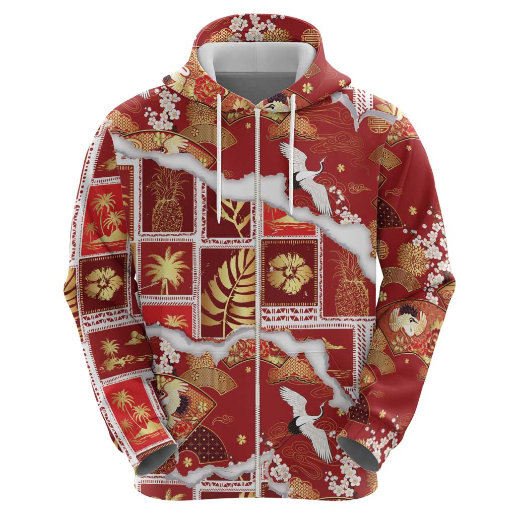 Hawaii Japanese Culture Red Hoodie Spring Cranes Aloha Pattern LT01 - Polynesian Pride