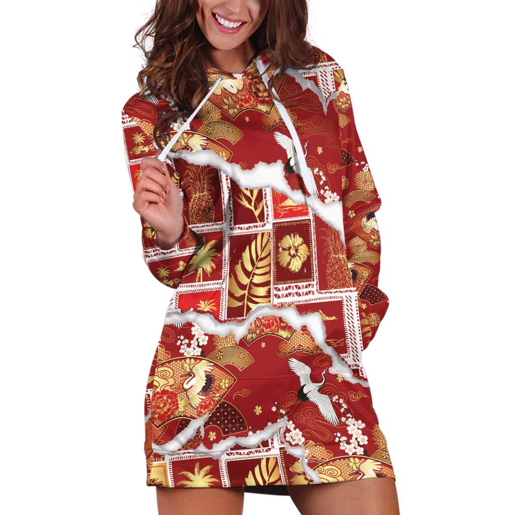 Hawaii Japanese Culture Red Hoodie Dress Spring Cranes Aloha Pattern LT01 Red - Polynesian Pride