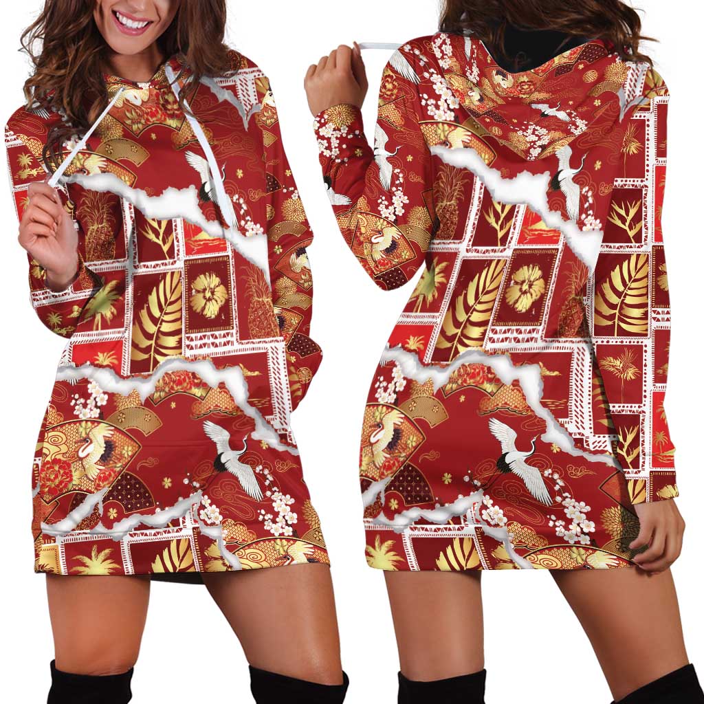 Hawaii Japanese Culture Red Hoodie Dress Spring Cranes Aloha Pattern LT01 - Polynesian Pride