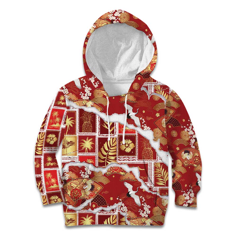 Hawaii Japanese Culture Red Kid Hoodie Spring Cranes Aloha Pattern LT01 Hoodie Red - Polynesian Pride