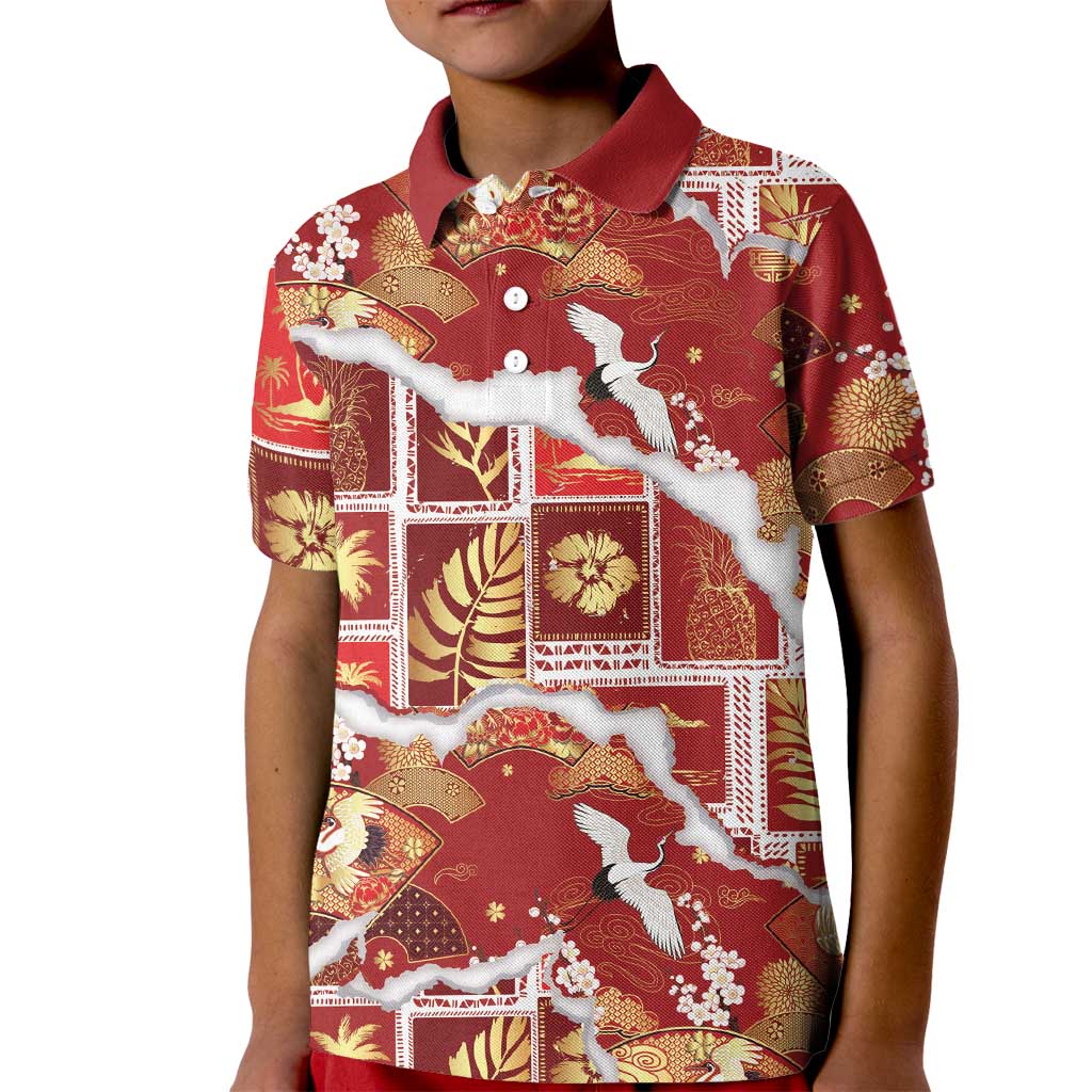 Hawaii Japanese Culture Red Kid Polo Shirt Spring Cranes Aloha Pattern LT01 Kid Red - Polynesian Pride