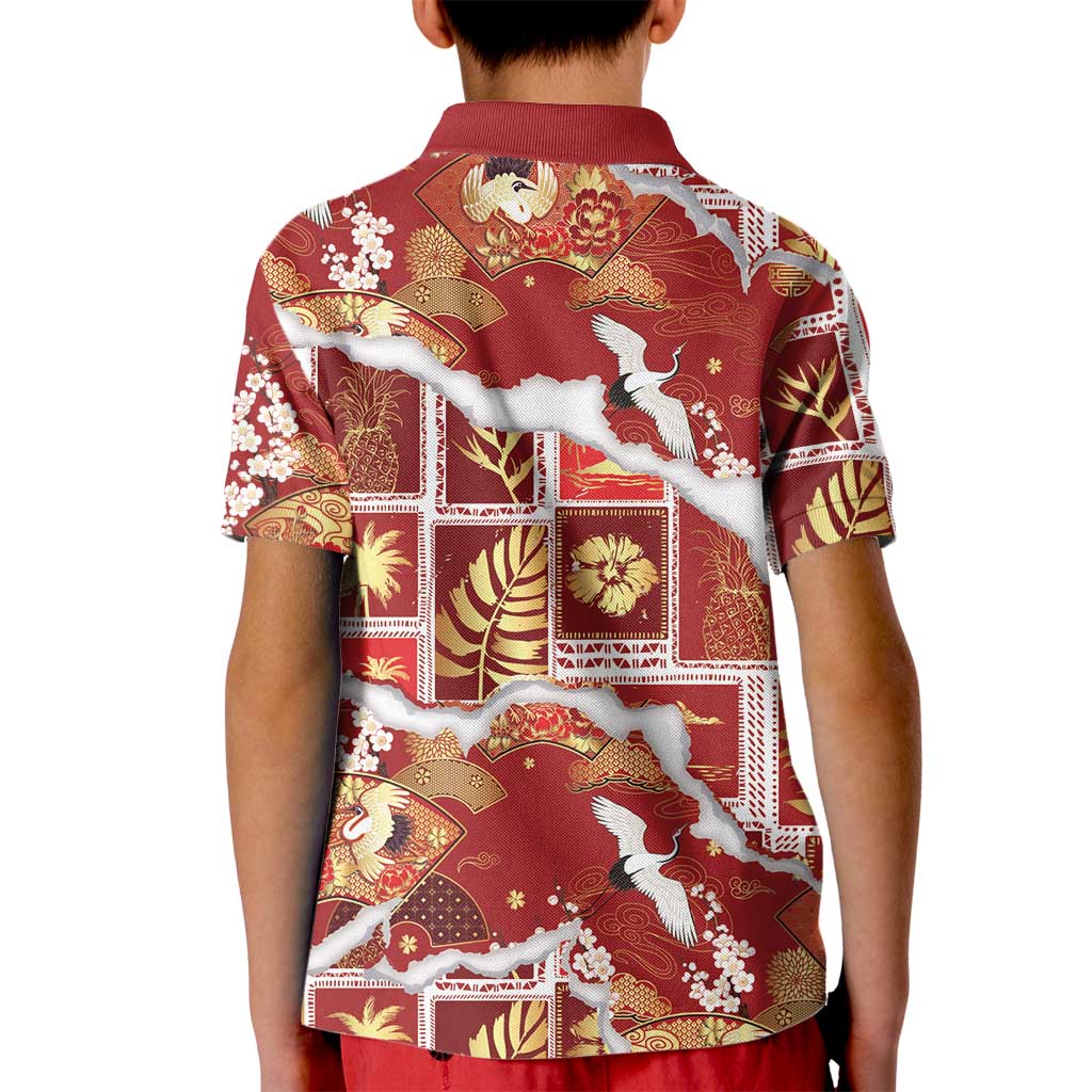 Hawaii Japanese Culture Red Kid Polo Shirt Spring Cranes Aloha Pattern LT01 - Polynesian Pride