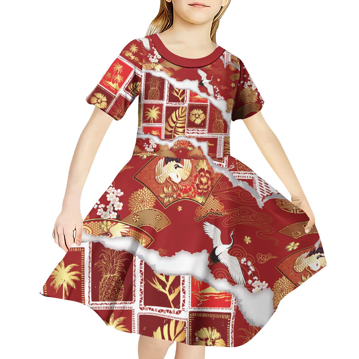 Hawaii Japanese Culture Red Kid Short Sleeve Dress Spring Cranes Aloha Pattern LT01 - Polynesian Pride