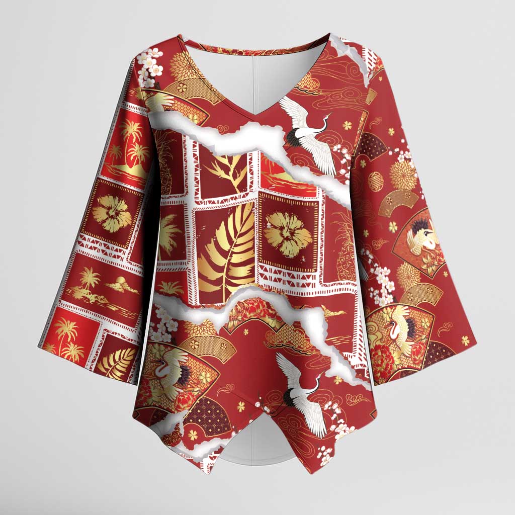 Hawaii Japanese Culture Red Kimono Sleeve Blouse Spring Cranes Aloha Pattern LT01 Female Red - Polynesian Pride