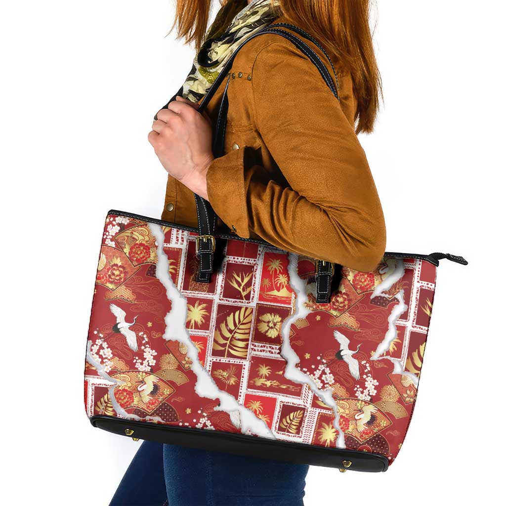 Hawaii Japanese Culture Red Leather Tote Bag Spring Cranes Aloha Pattern