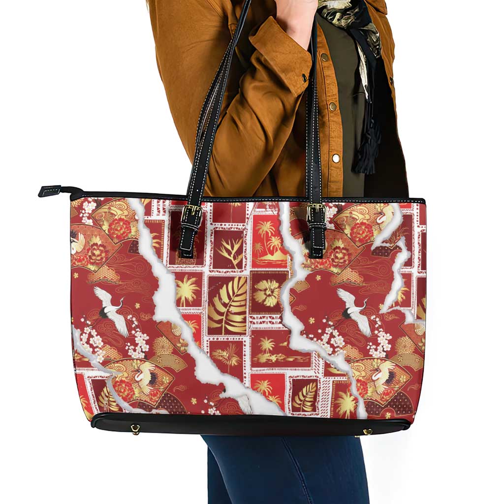 Hawaii Japanese Culture Red Leather Tote Bag Spring Cranes Aloha Pattern