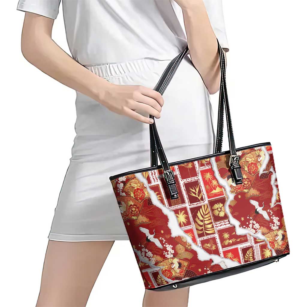 Hawaii Japanese Culture Red Leather Tote Bag Spring Cranes Aloha Pattern