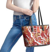 Hawaii Japanese Culture Red Leather Tote Bag Spring Cranes Aloha Pattern