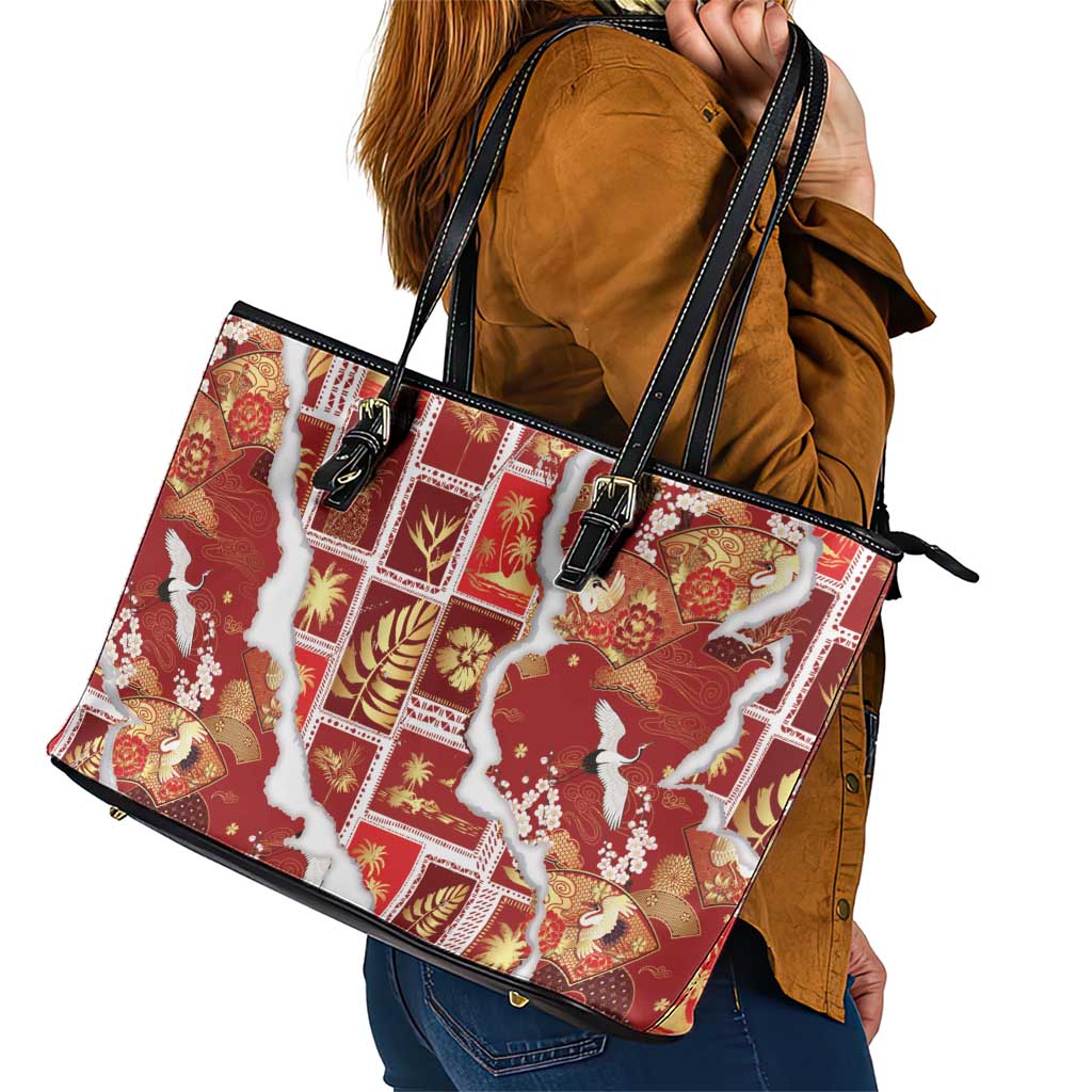 Hawaii Japanese Culture Red Leather Tote Bag Spring Cranes Aloha Pattern