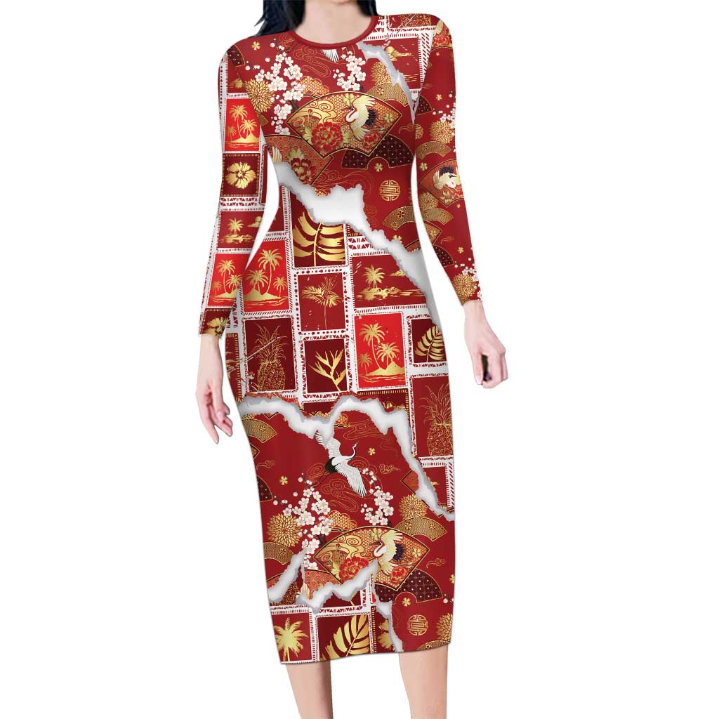 Hawaii Japanese Culture Red Long Sleeve Bodycon Dress Spring Cranes Aloha Pattern LT01 Long Dress Red - Polynesian Pride